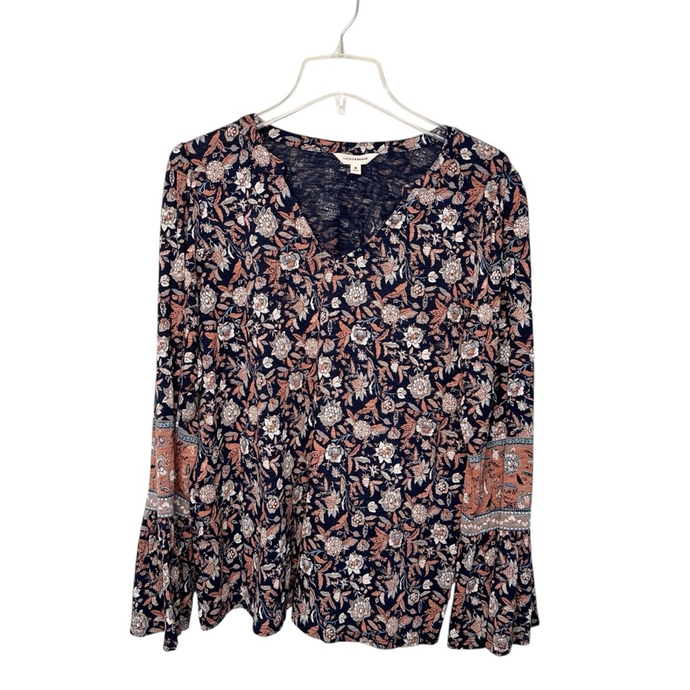 LUCKY BRAND FLORAL BELL SLEEVE BOHO FLOWY PEASANT TOP SZ M